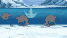 a group of penguins are walking on the ice in the ocean