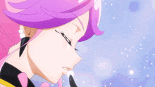 a close up of a girl with purple hair and pearls