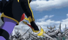 a cartoon character is holding a sword in front of a large group of soldiers .