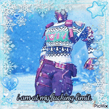 a picture of a man in a sweater with the words " i am at my fucking limit "