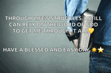 a man holding a bible with a quote that says through life 's struggles i still can rely on the word of god