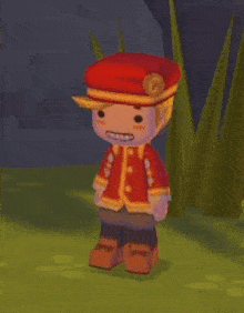 a cartoon character wearing a red jacket and hat is standing in a field