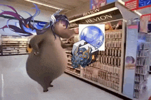 a cartoon character standing in front of a revlon counter