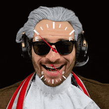 a man wearing a wig and sunglasses has a gauge on his face that says e on it
