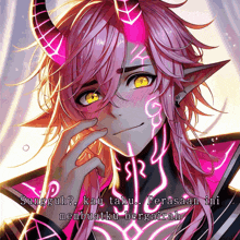 a drawing of a demon with pink hair and horns says sungguh