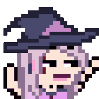 a pixel art of a witch with purple hair and a black hat