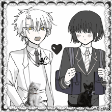 a black and white drawing of a boy and a girl with a cat and the word picmix at the bottom