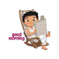 a boy in a rocking chair reads a newspaper with the words good morning written below him