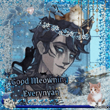 a picture of a man with cats on his head and the words good meowning everynyan