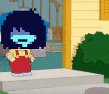 a cartoon character with a pixelated face is standing on a porch in front of a house .