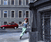 a woman with red hair is running down the street