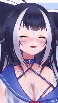 a close up of a anime girl with black and white hair smiling