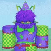 a clown with purple hair is wearing a purple hat and a green bow tie