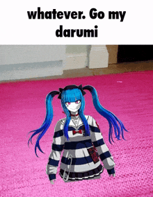 a girl with blue hair is standing on a pink rug with the words " whatever go my darumi "