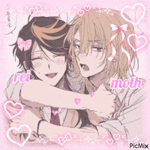 a couple of anime characters hugging each other with the word moth written on the bottom
