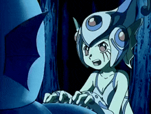 a cartoon character with a helmet on is talking to another cartoon character