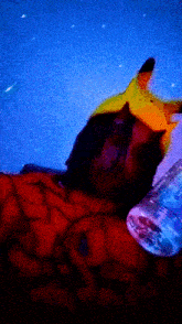 a person wearing a pikachu hat is sleeping with a bottle of water