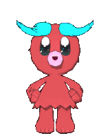 a pixel art drawing of a red monster with blue horns and a pink nose