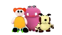 a pink hippo a girl and a dog are standing next to each other on a white background