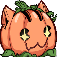 a cartoon drawing of a pumpkin with cat ears and leaves