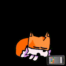 a cartoon fox is laying down next to a cell phone on a black background