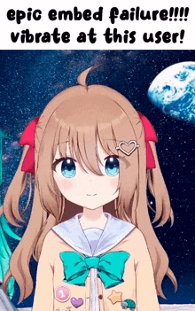 a girl with long brown hair and blue eyes says epic embed failure !!! vibrate at this user