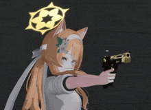 a girl with a flower in her hair is pointing a gun