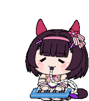 a cartoon of a girl playing a blue keyboard