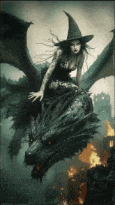 a woman in a witch hat is riding a dragon
