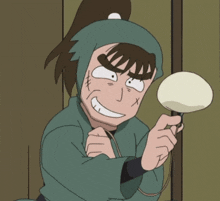 a cartoon character in a green outfit is holding a white object