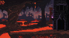 a pixel art of a cave with the letter n on the top left