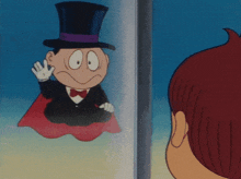 a cartoon character wearing a top hat and a cape