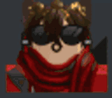 a blurry picture of a person wearing sunglasses and a red jacket holding a chocolate bar .