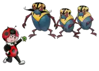 a ladybug holding a clover stands in front of three bugs with mustaches