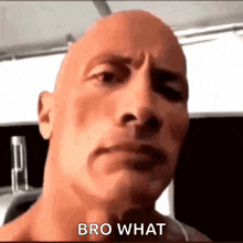 a close up of a bald man 's face with the words `` bro what '' written next to him .
