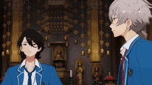 two anime characters standing next to each other in front of a temple