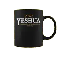a black mug that says yeshua on it