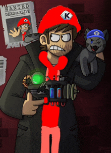 a cartoon of a man holding a cat and a gun with a wanted poster in the background