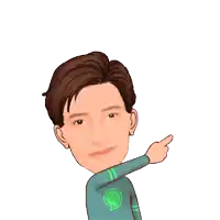 a cartoon of a man wearing a blue shirt with a green speech bubble on it