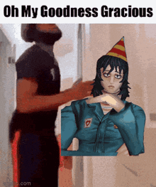 a man standing next to a woman wearing a party hat that says oh my goodness gracious