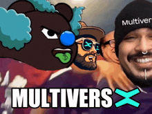 a group of people are posing for a picture with the words multivers x on the bottom right