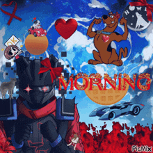 a picture of scooby doo and other cartoon characters with the word morning in red