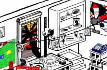 a black and white drawing of a room with a clock and a jar of bugs