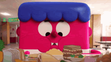 a cartoon character is eating a sandwich in a hallway