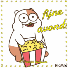a cartoon of a bear holding a box of popcorn with the words fine avond written on it