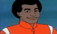 a cartoon drawing of a man in an orange jacket
