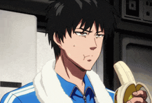 a man in a blue jacket is holding a banana in his hand