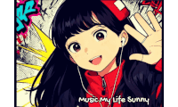 a girl wearing headphones and a red jacket with the words music my life sunny on the bottom