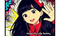 a girl wearing headphones and a red jacket with the words music my life sunny on the bottom