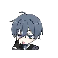 a drawing of a boy with blue hair and a purple eye